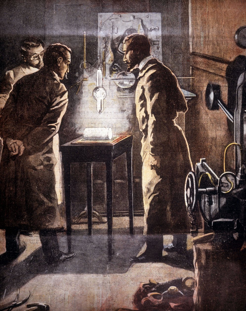 Rentgen (Rontgen) lub promieniowanie rentgenowskie. Odkryta w 1895 roku. Ilustracja przedstawiająca eksperyment. autorstwa Unknown artist