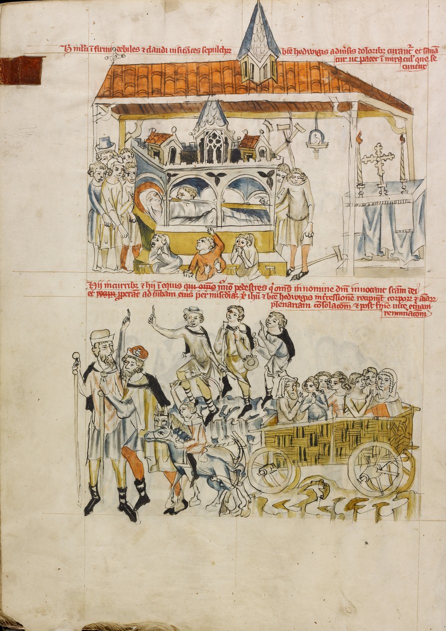 Chorzy, trędowaci i chromi modlący się przy grobie św. Jadwigi; ludzie odwiedzający grób św. Jadwigi autorstwa Unknown artist