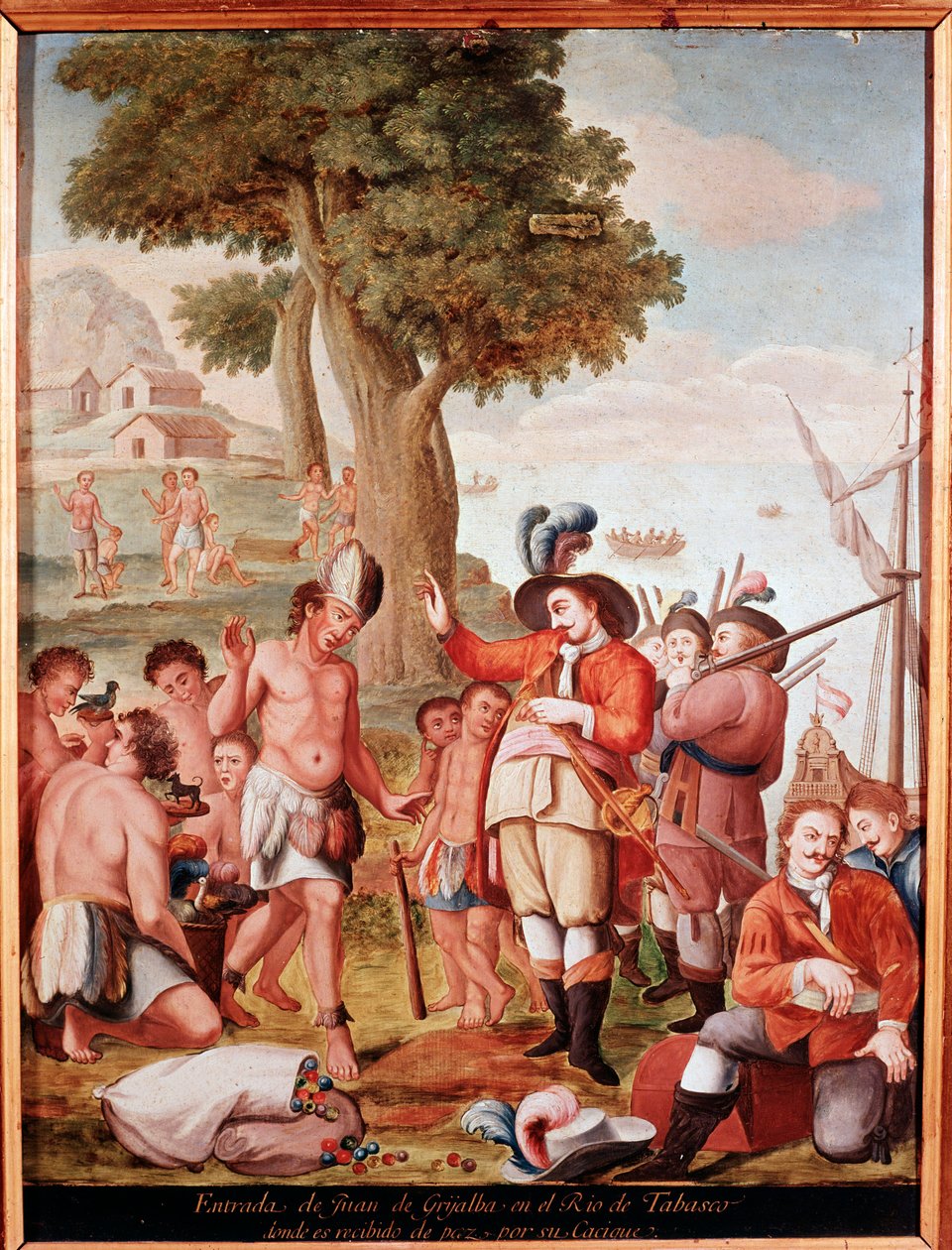 Hiszpański konkwistador Juan de Grijalva (1489-1527) debarkuje w Tabasco w Meksyku w 1518 r. Anonimowe malarstwo z XVIII wieku. Madryt, Museo de America autorstwa Unknown artist
