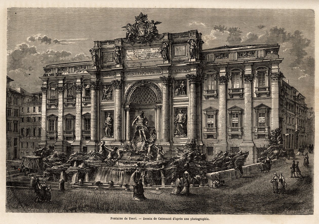 Fontanna di Trevi w Rzymie, ukończona w 1762 roku, jest przykładem utrwalenia we Włoszech stylu barokowego w XVIII wieku, wzorowanego na Palazzo Poli, to monumentalne dzieło w formie łuku triumfalnego miażdży maleńki plac, na którym jest usytuowany. autorstwa Unknown artist