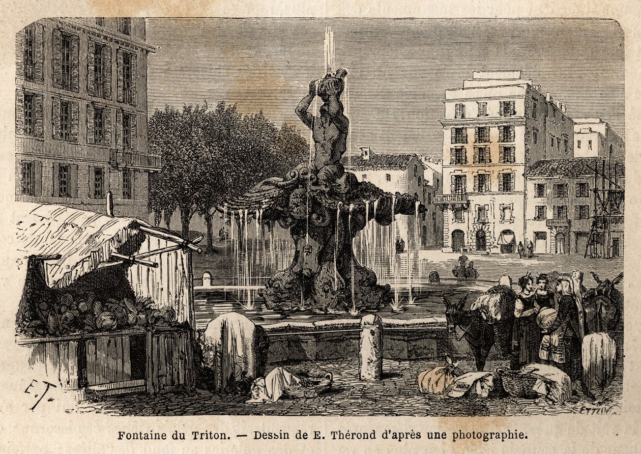 Fontanna Trytona w Rzymie, stworzona w 1643 roku przez Gian Lorenzo (Gianlorenzo) Berniniego, znanego jako Le Bernini (1598-1680), na placu Barberini. Rycina ilustrująca podróż do Rzymu autorstwa Francisa Weya w latach 1864-1868, opublikowana w „Le tour du autorstwa Unknown artist