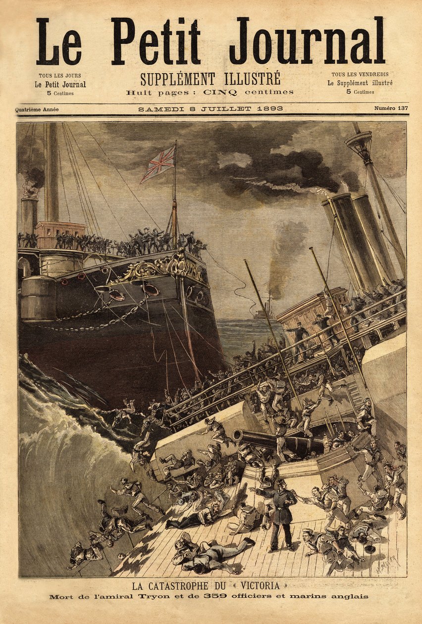Pancernik Victoria tonie u wybrzeży Syrii, zachęcony przez statek Camperdown. Grawerowanie w „Le petit journal”” 8.07.1893. Kolekcja Selvy. autorstwa Unknown artist