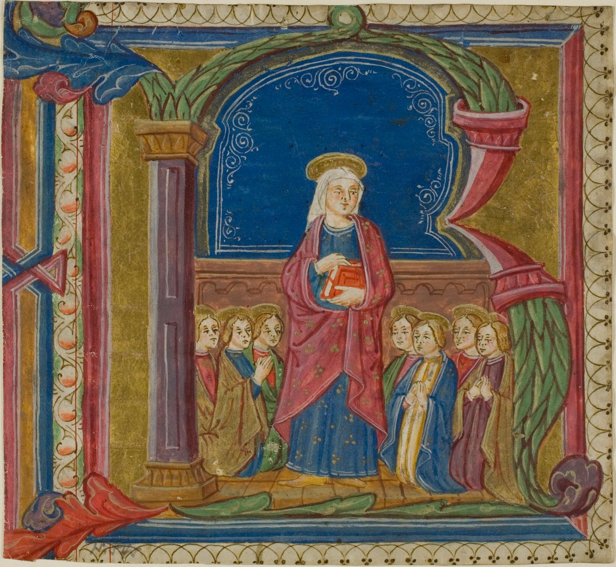 Dziewica adorowana przez świętych w historyzowanej inicjale "R" z antyfonarza autorstwa Unknown artist