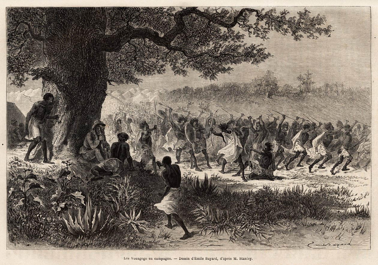 Vouagogo (plemię Tanzanii) przygotowujące się do wojny, pod drzewem, autor opowiadania Henry Morton Stanley (1841-1904). Rycina ilustrująca podróż w poszukiwaniu Livingstone w środkowej Afryce autorstwa Henry