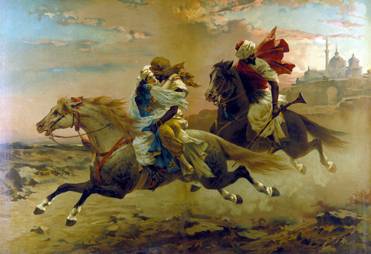Porwanie haremu: dwóch mauretańskich jeźdźców porywa młodą kobietę. autorstwa Unknown artist