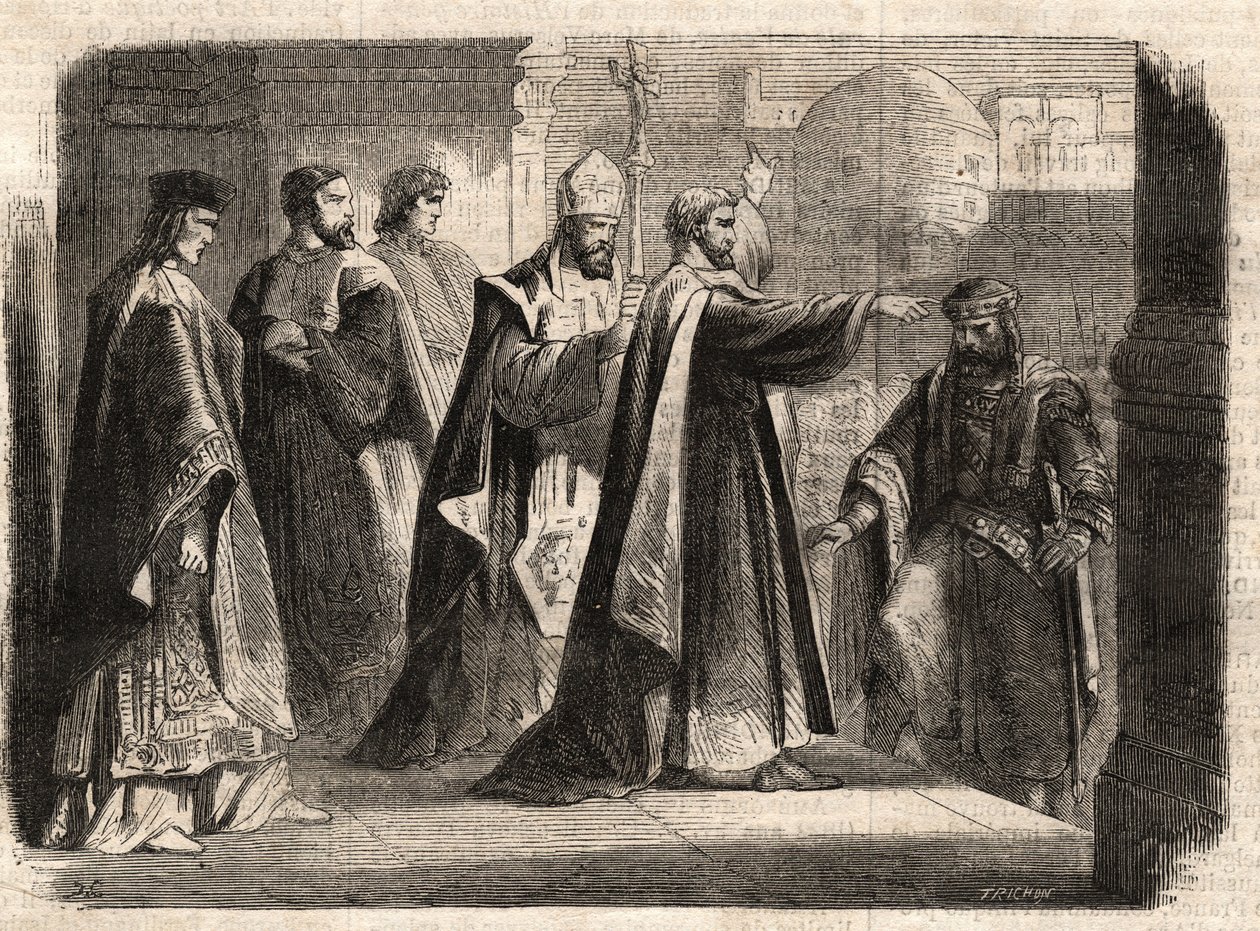 Arcybiskup św Ambroży z Mediolanu (Aurelius Ambrosius, Ambrogio di Milano (340-397) zabronił wejścia do kościoła cesarzowi rzymskiemu Teodozjuszowi I (Flavius Theodosius) (347-395), aby ukarać go za masakrę w Tesalonice w 390 - Excommunicati autorstwa Unknown artist