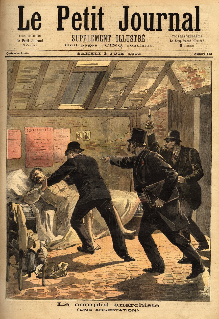 Aresztowanie anarchisty w Paryżu i element spisku i skrytek z dynamitem. Grawerowanie w „Le petit journal”” 3/06/1893. Kolekcja Selvy. autorstwa Unknown artist