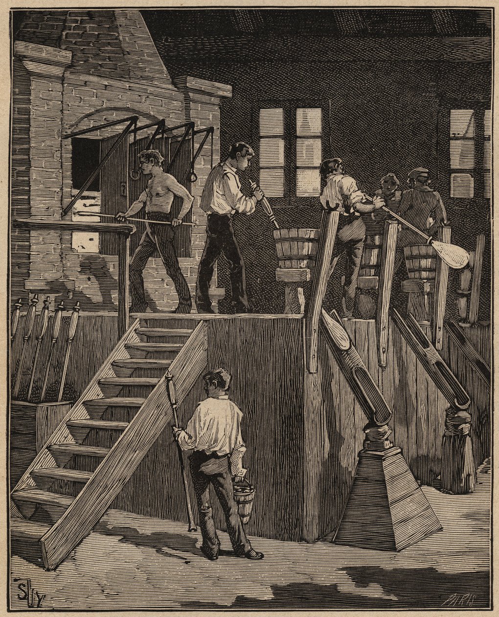 Sztuka szklarska: szklarze wytwarzający szkło metodą francuską. Grawer z 1885 roku w „Les arts et metiers illustres” Adolphe BITARD. autorstwa Unknown artist