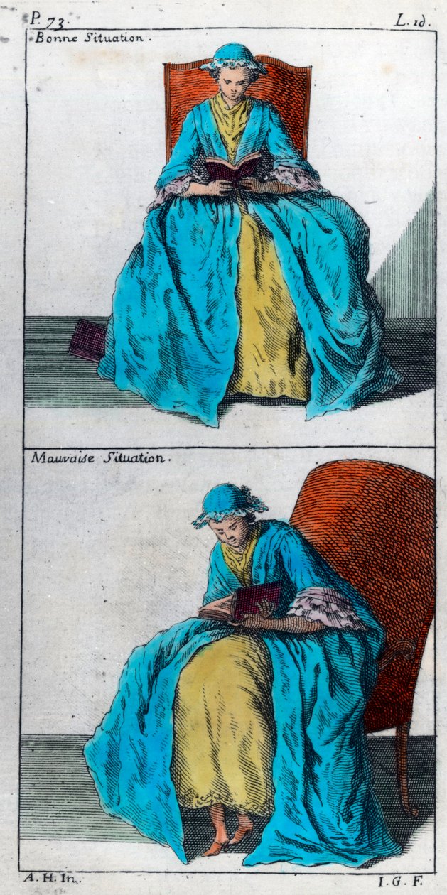 Sztuka zapobiegania i korygowania deformacji ciała u dzieci: dobra i zła pozycja do czytania. Rycina z XVIII wieku. Prywatna kolekcja. autorstwa Unknown artist