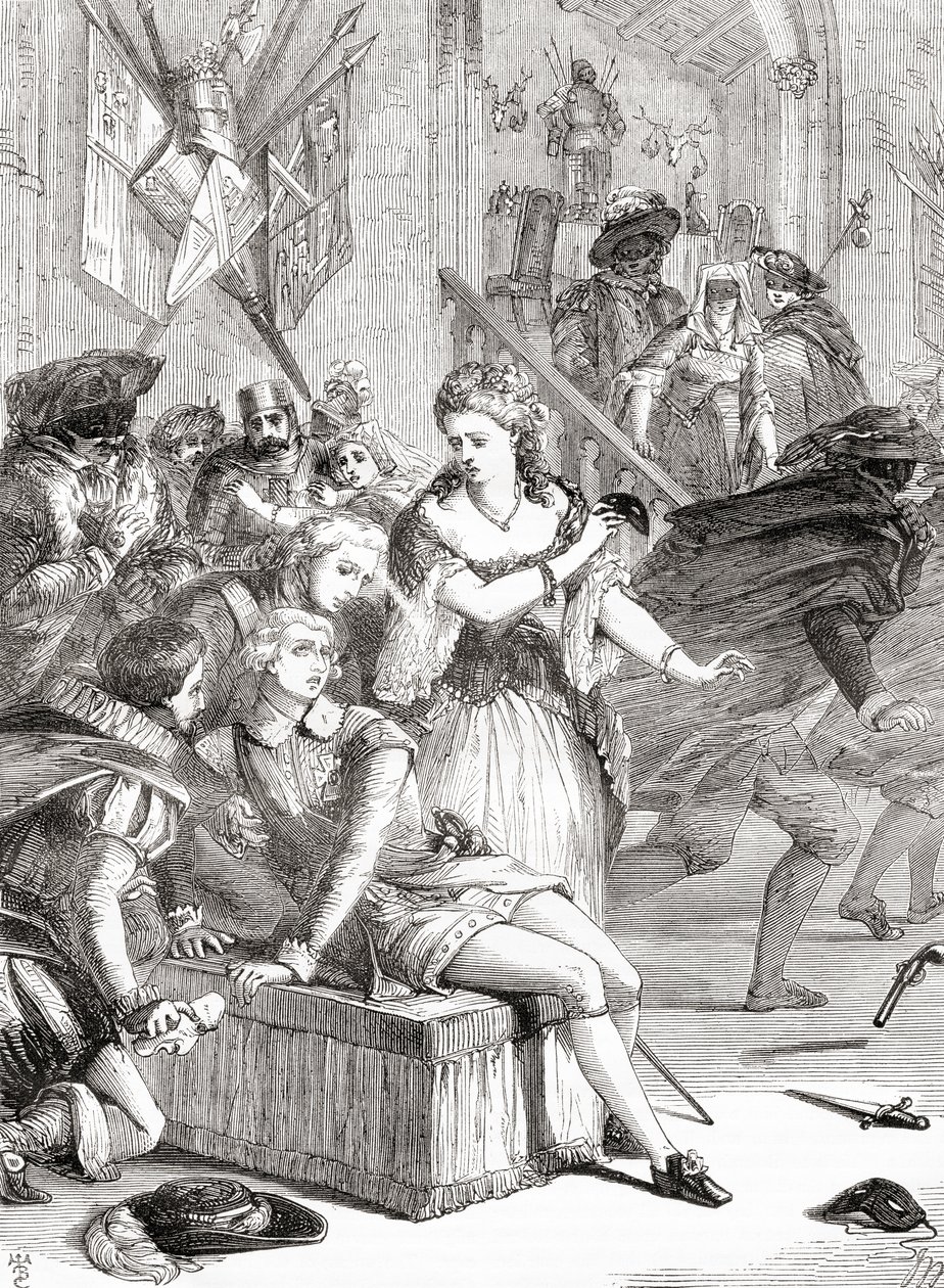 Zabójstwo Gustawa III przez Jackoba Johana Anckarströma na balu maskowym, Sztokholm, Szwecja, 1792 r. (rycina) autorstwa Unknown artist