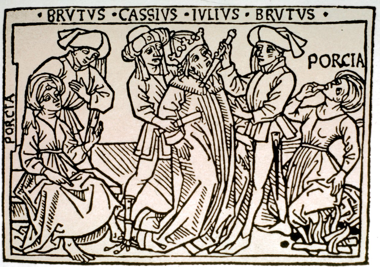 Zabójstwo Julesa Cesara (100-44 pne): zostaje zadźgany przez Brutusa i Kasjusza, podczas gdy Porcie, żona Brutusa znika. Ksylografia XVI-wiecznego Rzymu, Biblioteca Vallicelliana ©Luisa Ricciarini/Leemage autorstwa Unknown artist