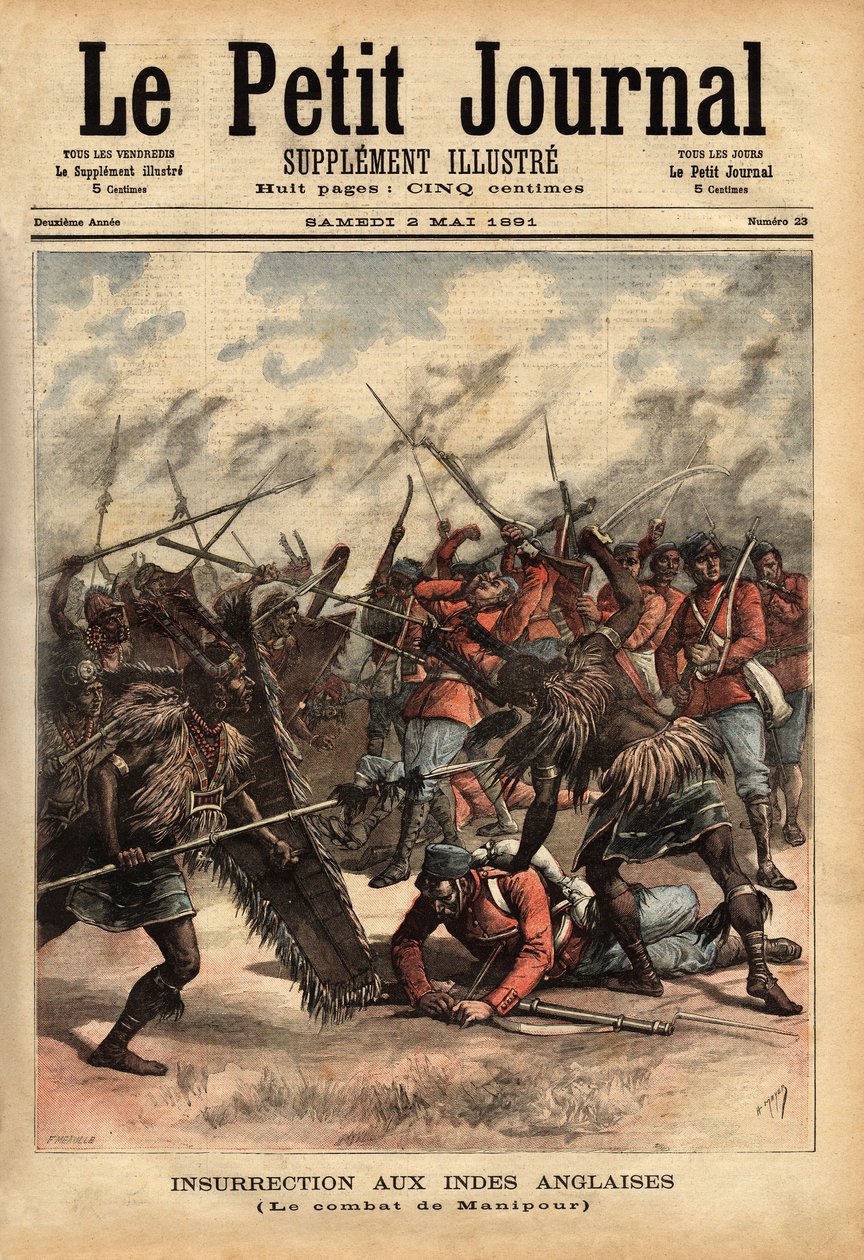 Bitwa pod Manipur (lub Manipur) (na północny wschód od Indii), od 24 do 26 kwietnia 1891, gdzie brytyjskie siły kolonialne i rebelianci Maharajah Kullachandra Singh (zmarł na wygnaniu w 1934), zasiadający na tronie od 1890, znęcali się nad swoim bratem Sur autorstwa Unknown artist