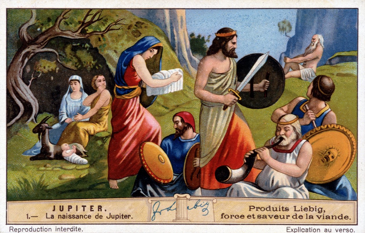 Narodziny Jowisza, Rhea ukrywa go w tajemnicy i daje kamień owinięty płótnem Tytanowi Saturnowi - chromolitografia Liebiga autorstwa Unknown artist