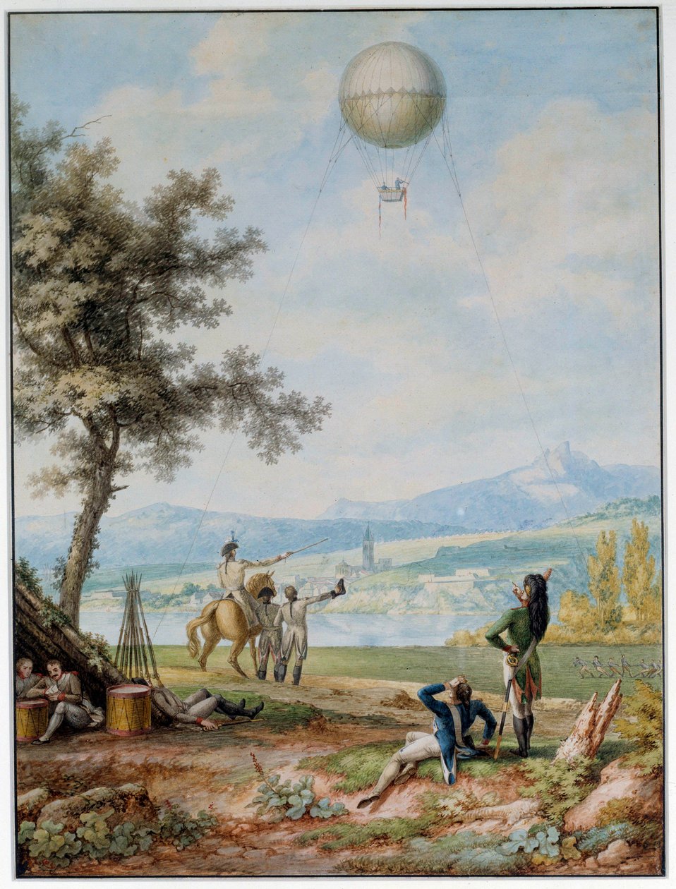 Blokada Moguncji: 14.04.1793 twierdza otoczona jest przez wojska I Koalicji. Balon nad miastem w stanie oblężenia używany do celów wojskowych. Druk z XVIII wieku. Paryż. Muzeum Lotnictwa autorstwa Unknown artist