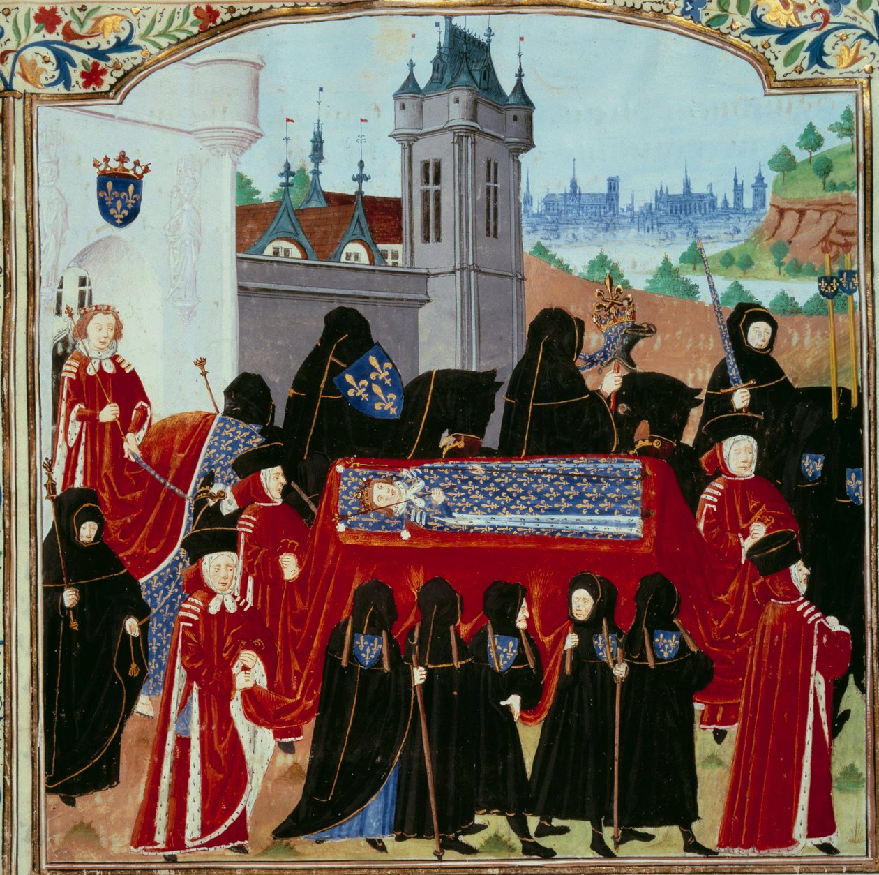 Ciało zmarłego króla Karola VI (1368-1422) zostaje wywiezione, za procesję nowego króla Karola VII (1403-1461) Miniatura z 22.10.1422 r. z rękopisu „Kroniki Karola VII” .fr. 2691) przez Jean Chartier autorstwa Unknown artist