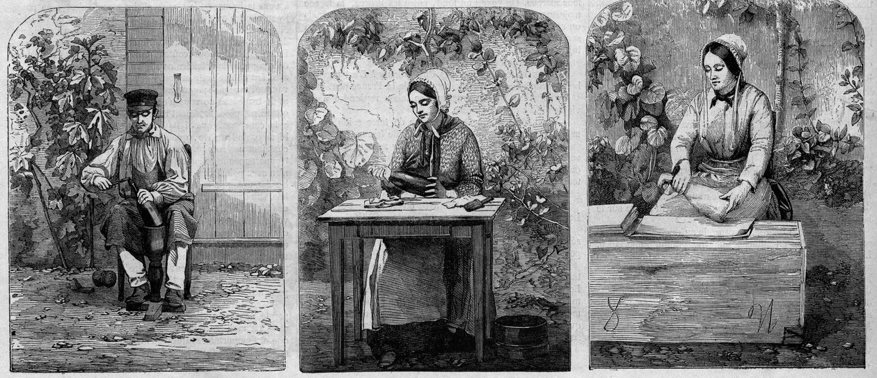 Butelkowanie wina szampana. Grawerunek z 1864 roku. autorstwa Unknown artist