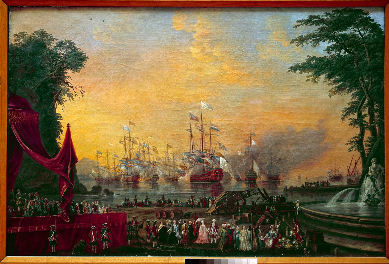 Flota przedmurza w Tulonie rzuca wybuchy podczas wizyty hrabiego Prowansji (przyszłego Ludwika XVIII) i cesarza Józefa II z Austrii Malarstwo Anonimowe. XVIII-wieczne Muzeum Morskie w Paryżu autorstwa Unknown artist