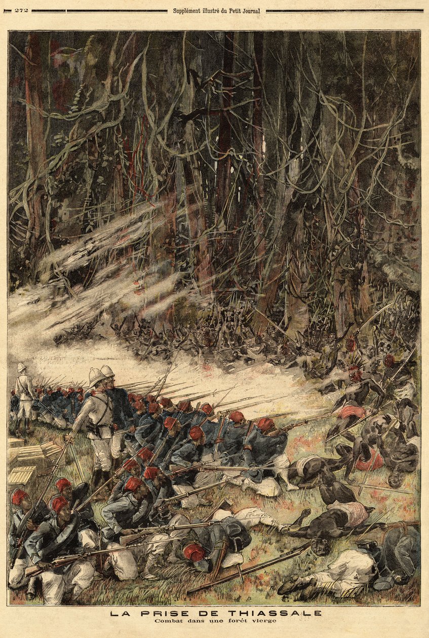 Zdobycie Thiassale (Wybrzeże Kości Słoniowej) przez kapitana Jeana Baptiste Marchanda (1863-1934), dowódcę sił zbrojnych kolonii, z oddziałem liczącym 115 ludzi, walczyli z wojownikami Baoule między rzeką Bendama a dziewiczym lasem. Grawerowanie w „”Le p autorstwa Unknown artist