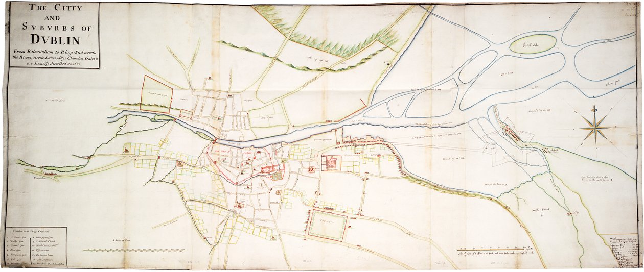 Miasto i przedmieścia Dublina od Kilmainham do Rings-End, w tym rzeki, ulice, uliczki, aleje, kościoły, bramy itp. są dokładnie opisane 15 nr 1673 autorstwa Unknown artist