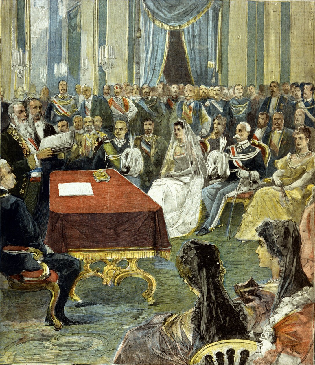 Cywilny ślub księcia Neapolu – który został Wiktorem Emanuelem III (Wiktor Emanuel) (Vittorio Emanuele) – z księżniczką Heleną Czarnogórską w Pałacu Kwirynalskim w 1896 roku. W centrum widać Humberta I (Umberto) po lewej stronie Panna młoda. autorstwa Unknown artist