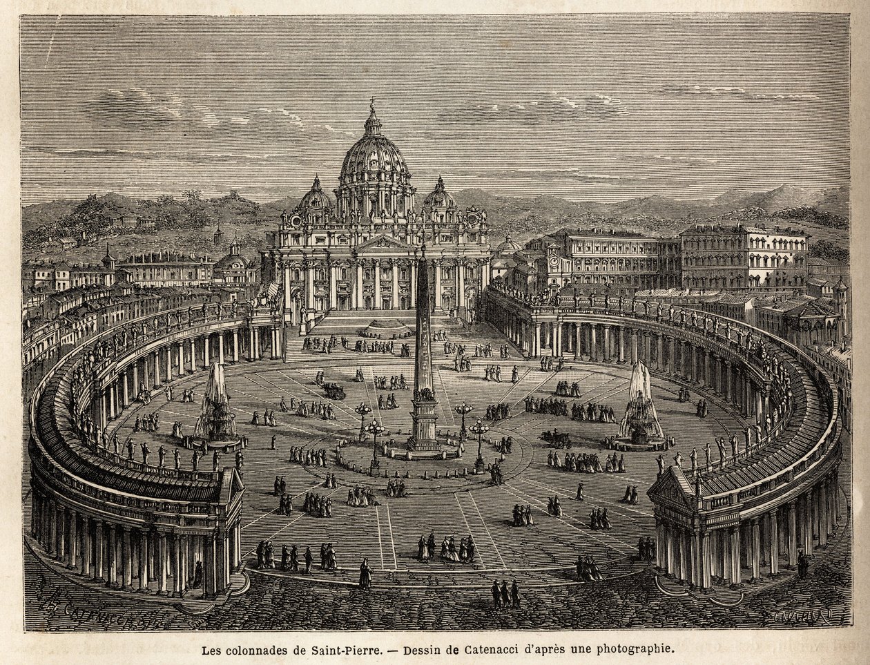 Kolumnady św. Piotra w Watykanie, sprowadzone przez Berniniego (1598-1680) z 1655 r. na planie eliptycznym, stały się powszechnym miejscem architektury barokowej i rokokowej. Grawerowanie ilustrujące podróż do Rzymu, Francis Wey, w latach 1864-1868, publis autorstwa Unknown artist