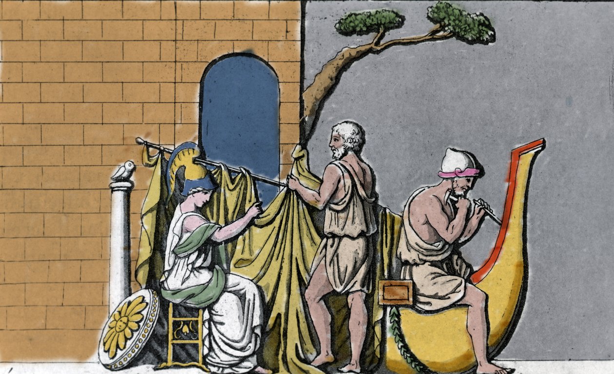 Budowa statku Argo, w asyście Minerwy, ze świętego drewna dębów Dodone. autorstwa Unknown artist