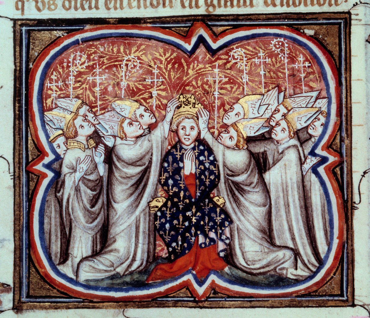 Koronacja króla Filipa Augusta (1165-1223) w katedrze w Reims w dniu 1.11.1179. Miniatura z XIV-wiecznego rękopisu. Paryż, B.N. autorstwa Unknown artist