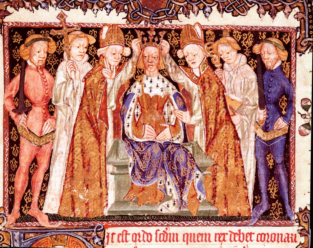 Koronacja króla Prawdopodobnie króla Anglii Ryszarda II (1367-1400). Miniatura z rękopisu o obrzędach koronacyjnych „Liber regalis” Pampeluna z XIV w., archiwum Nawarry autorstwa Unknown artist