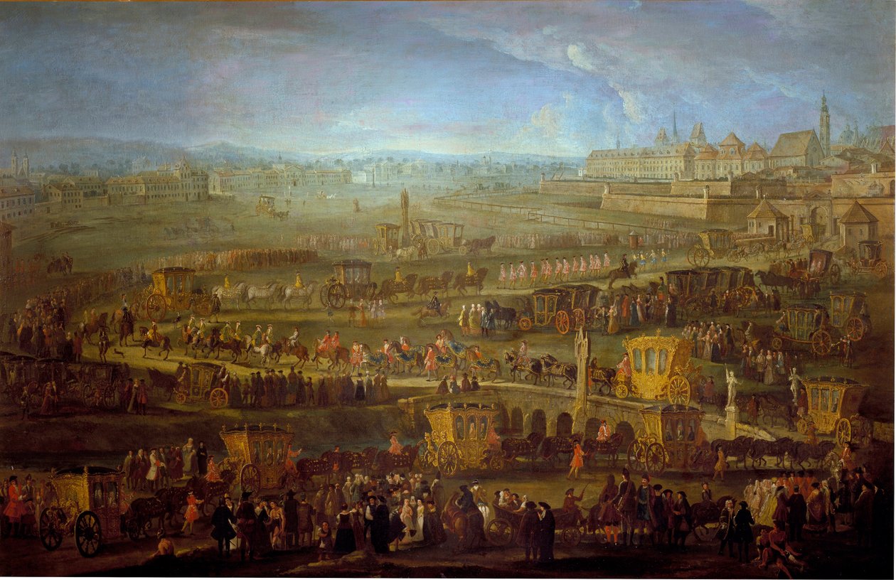 Orszak markiza Mirepoix (1699-1757) ambasadora z przedstawicielami francuskiej dyplomacji w Wiedniu 12.10.1738 Anonimowe malarstwo z XVIII wieku. Wiedeń, Historyczne Muzeum Miasta autorstwa Unknown artist