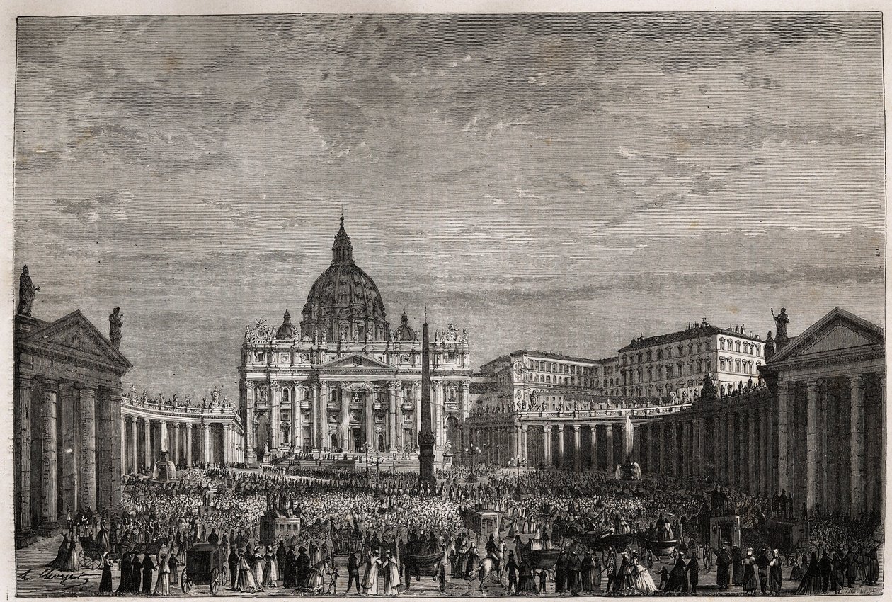 Tłum pospieszył na Plac św. Piotra w Watykanie, aby otrzymać wielkie błogosławieństwo wielkanocne od papieża Piusa IX (1792-1878). Rycina ilustrująca historię Wielkiego Tygodnia w Rzymie w 1863 roku autorstwa Ludovica Cellera w „Le tour du monde, nouveau j autorstwa Unknown artist