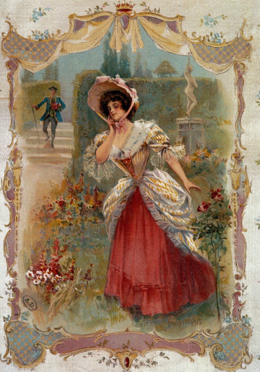 Randka Młoda kobieta czeka na narzeczonego. Litografia XIX-wiecznego Paryża, Sztuka Dekoracyjna autorstwa Unknown artist