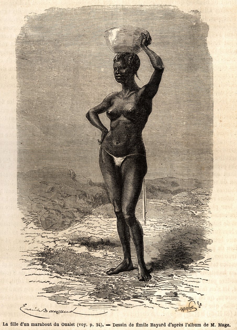 Córka marabuta z Oualet (Mauretania), nosząca na głowie jatte do robienia czarnego mydła. Grawer ilustrujący podróż do Sudanu Zachodniego porucznika (marynarki) M.Mage, w latach 1863-1866, opublikowany w „Le tour du monde, nouveau journal des voyages” autorstwa Unknown artist