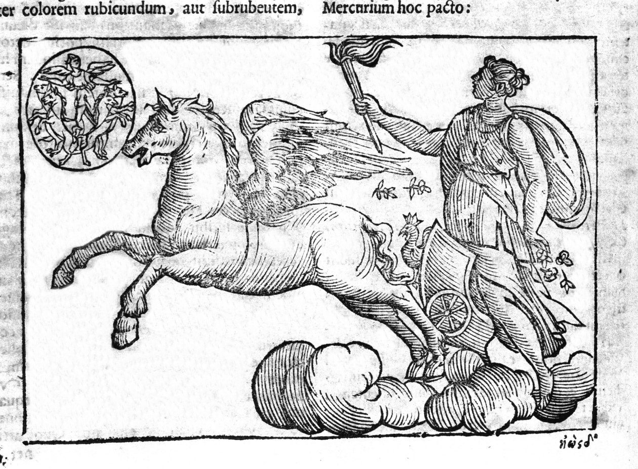 Świt (rydwan słońca). Alegoria wschodu słońca z postaciami z mitologii greckiej i rzymskiej na niebie. Grawer z „Mitologii i wyjaśnień bajek” Natalisa Comitisa. 1637. autorstwa Unknown artist