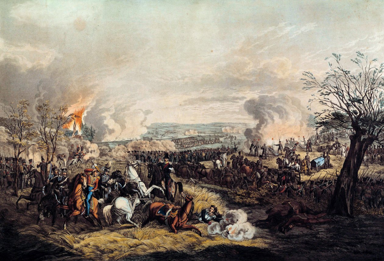 Śmierć księcia Fryderyka Guillaume z Brunszwiku (1771-1815) w bitwie pod Quatre Bras 16/06/1815 pomiędzy francuskimi oddziałami Marechala Michela Neya (1769-1815) a Brytyjczykami księcia Wellington. Druk z 1815 r. Paryż, Musee de l