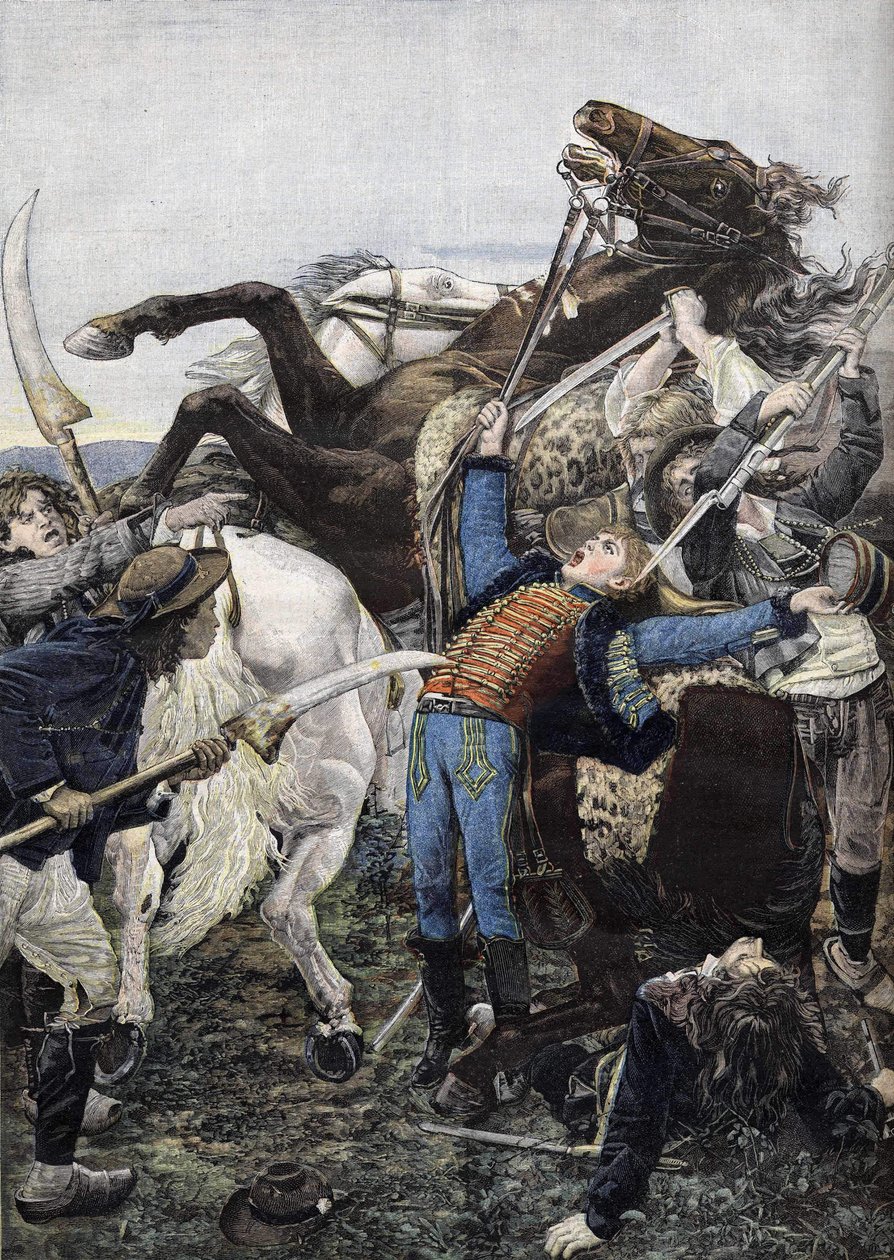 Śmierć Josepha Bary (1779-1793), dobosza w oddziałach republikańskich i prawdopodobnie zabitego przez złodziei. Grawerowanie od 1894 autorstwa Unknown artist