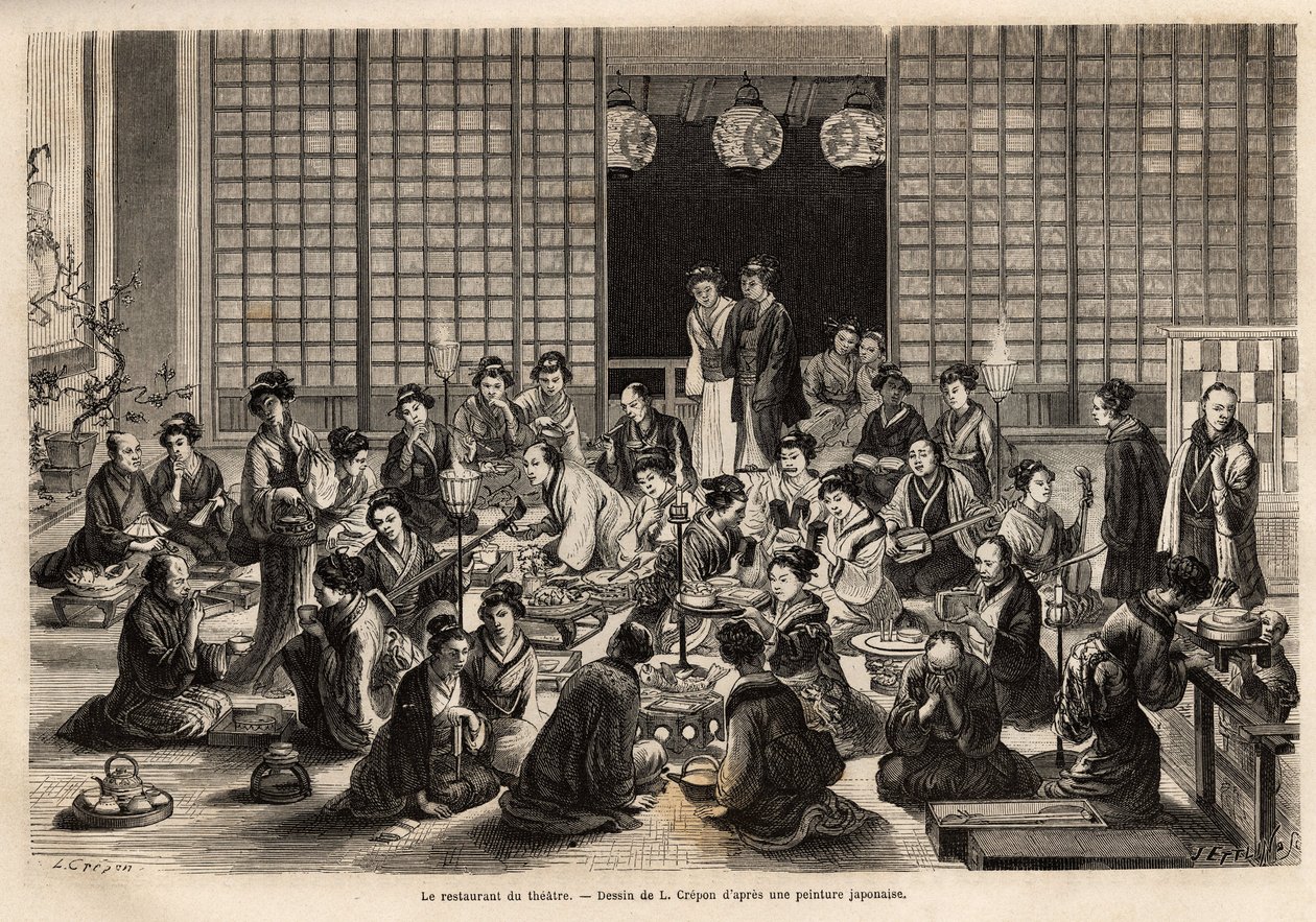 Jadalnia Teatru Yokohama jest stale zapełniona, nawet w trakcie spektaklu. Grawer ilustrujący podróż do Japonii autorstwa Aime Humberta, ministra Konfederacji Szwajcarskiej, w latach 1863-1864, opublikowany w „”le tour du monde””, pod tytułem autorstwa Unknown artist