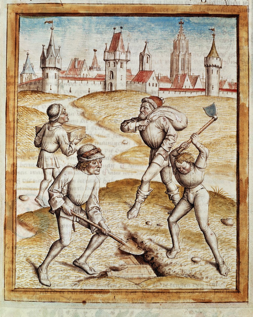 Odkrycie skarbnika na przedmieściach warownego miasta Miniatura zaczerpnięta z niemieckiego przekładu bajek „Kalila (Calila) i Dimna” Bidpaia. (ms. 1389, k. 1) ok. 1480 Chantilly, muzeum Conde autorstwa Unknown artist