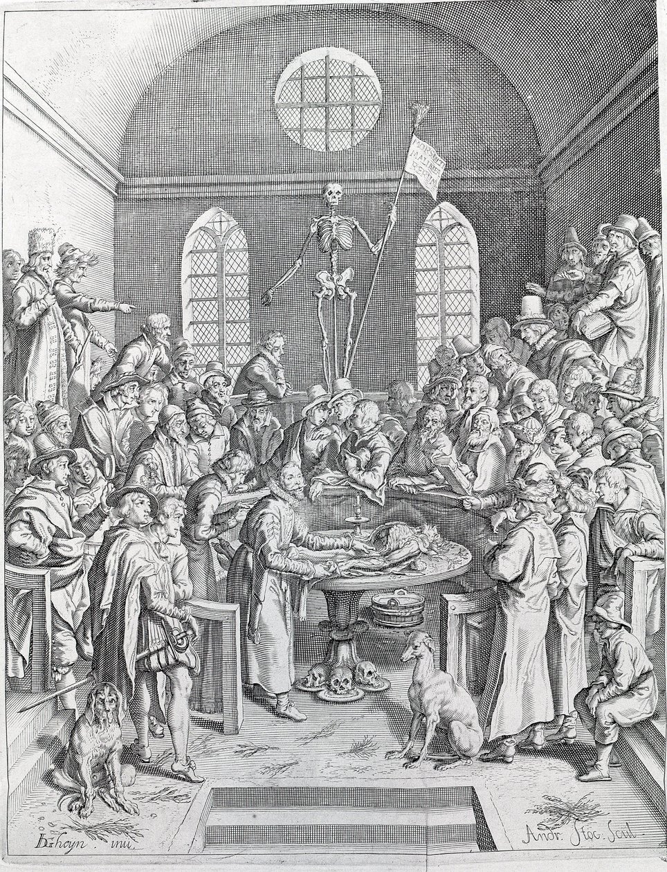 Prowadzenie sekcji Grupa lekarzy i naukowców zjednoczyła się, aby prześledzić sekcję w amfiteatrze. Grawerowanie z 1788 autorstwa Unknown artist