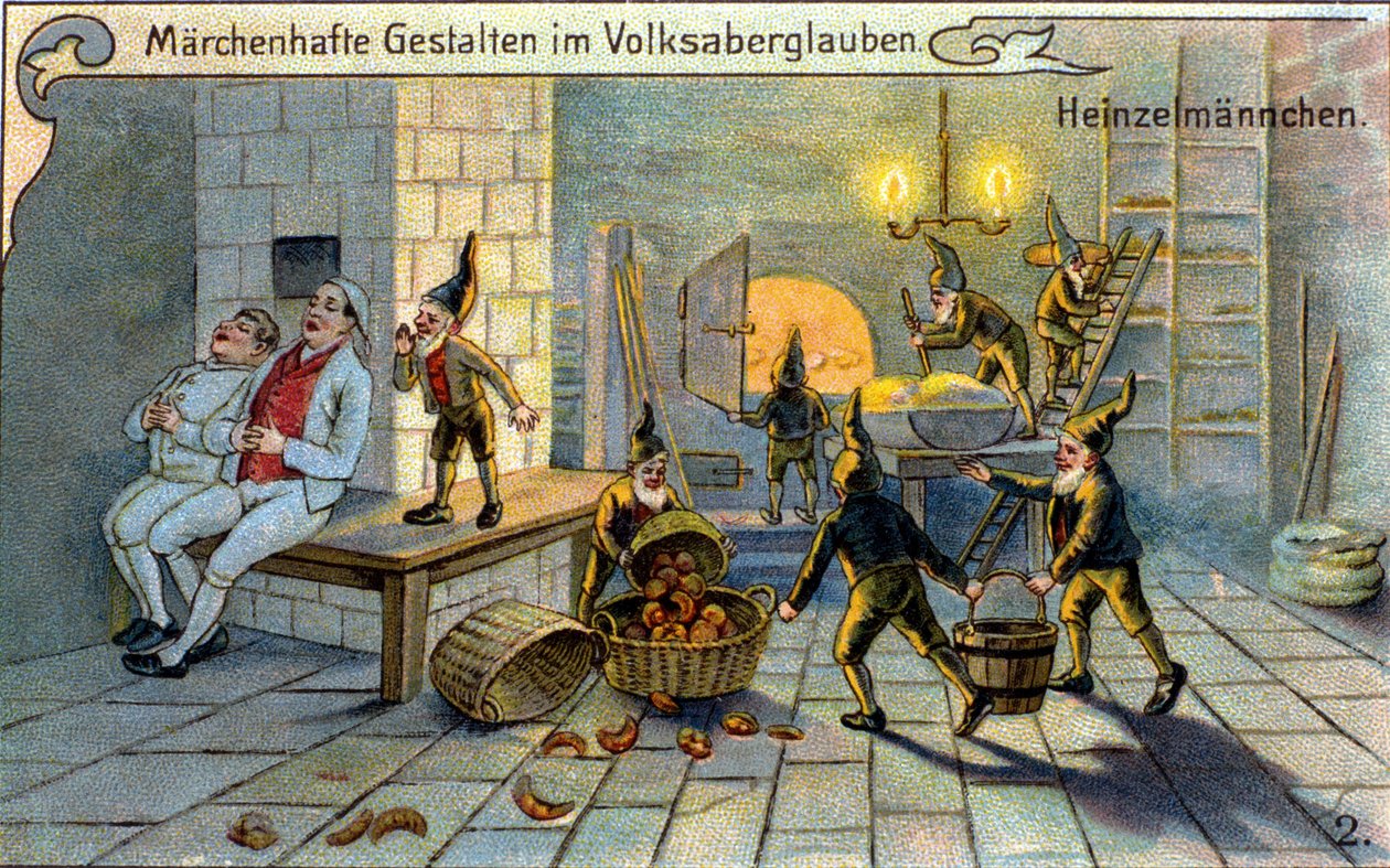 Elfy, cudowne postacie ludowej tradycji: przygotowują chleb, podczas gdy piekarze śpią. chromolitografia z XIX wieku. autorstwa Unknown artist