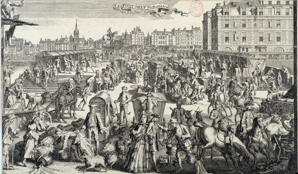 Zakłopotanie Pont Neuf w Paryżu. Ilustracja przedstawiająca ruch uliczny i korki na ulicach Paryża w XVIII wieku. Rycina z 1710 r. Paryż, Musee Carnavalet autorstwa Unknown artist