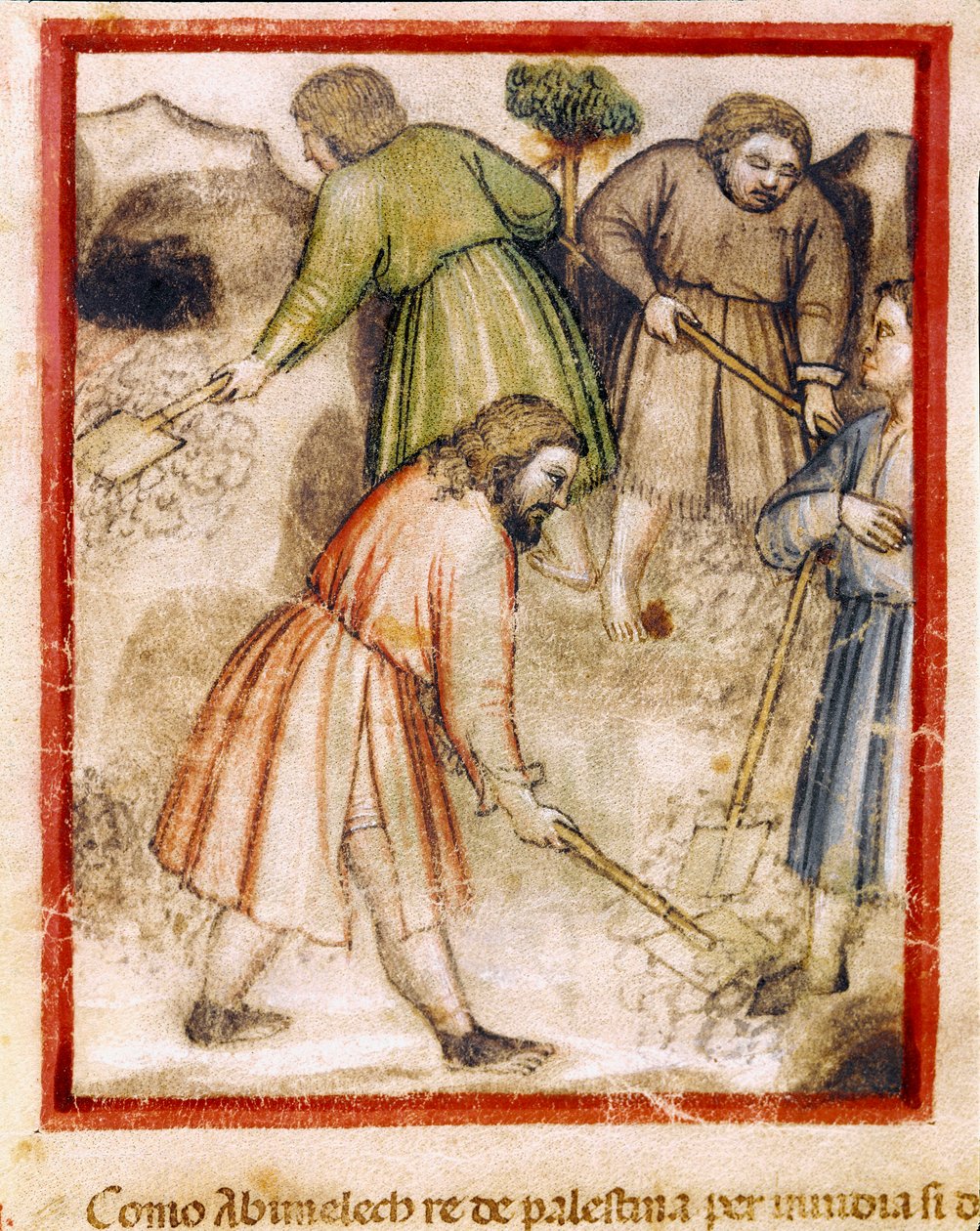 Zazdrośni Filistyni wypełniają puste studnie Izaaka Miniatura z kodeksu 212 (lub kodeksu padovano lub Biblii z Padwy) 1390-1400 Rovigo, Accademia dei Concordi autorstwa Unknown artist
