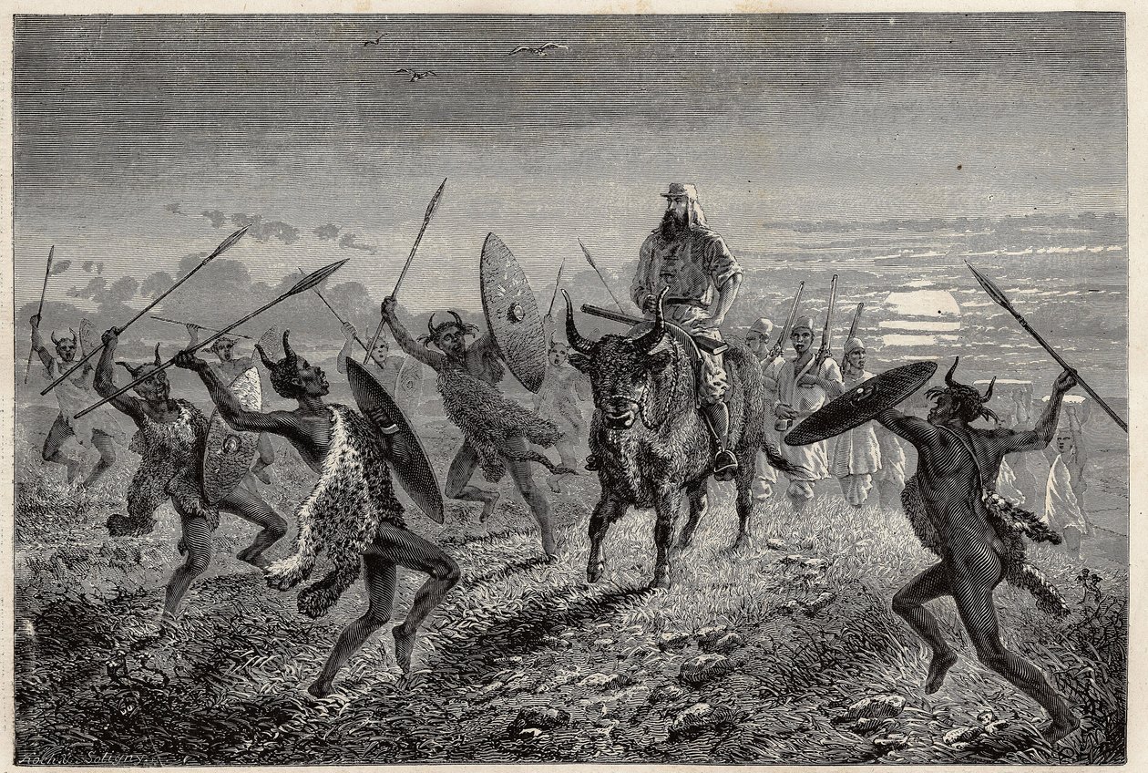 Eskorta przydzielona podróżnikowi Bakerowi spełnia fantazję przed wyjazdem do Lake Albert (lub Albert Nyanza). Rycina ilustrująca wyprawę nad jezioro Albert w latach 1861-1864 autorstwa Sir Samuela White Bakera w „Le tour du monde, nouveau journal des voya autorstwa Unknown artist