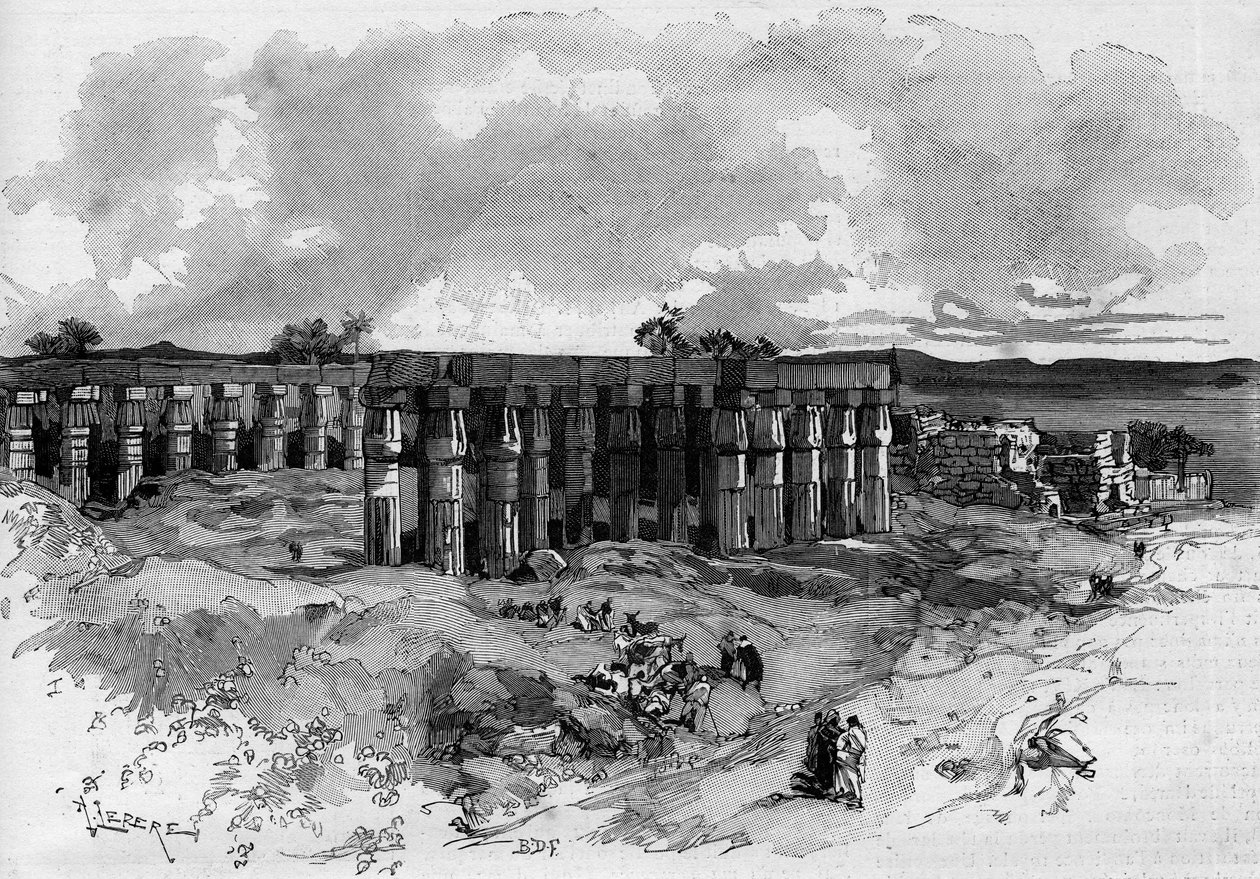 Wykopaliska w Luksorze w Egipcie, prowadzone przez francuskiego egiptologa Gastona Maspero (1846-1916). Grawerowanie w „”Świat znakomity”” 1885 autorstwa Unknown artist