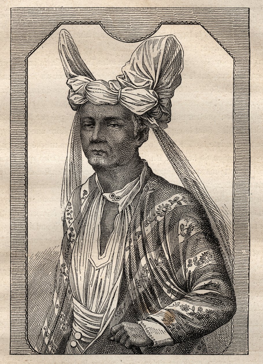 Wyprawa dookoła świata (1790-1792) kapitana Etienne Marchanda (1755-1793): portret króla wyspy Timor (archipelag indonezyjski) - ilustracja zaczerpnięta z „Wielkich marynarzy XVIII wieku” autorstwa Unknown artist