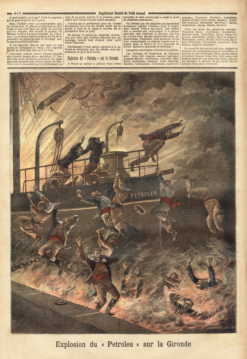 Eksplozja „Petrolea”, angielskiego parowca przewożącego ropę, w Blaye na Girondzie. Grawerowanie w „Le petit journal”” 4/06/1892. Kolekcja Selvy. autorstwa Unknown artist