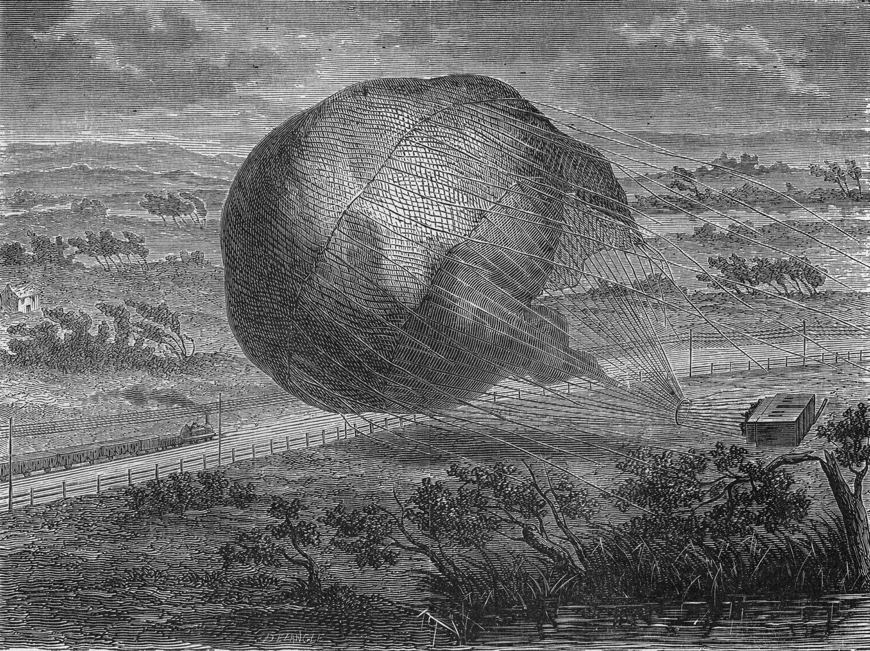 Upadek piłki „Olbrzym” na równinach Hanoweru w 1863 r. na pokładzie: Jules i Louis Godard, Felix Nadar, jego żona Fernand Montgolfier i Thirion. W „Albumie nauki””, Éditions Jouvet autorstwa Unknown artist