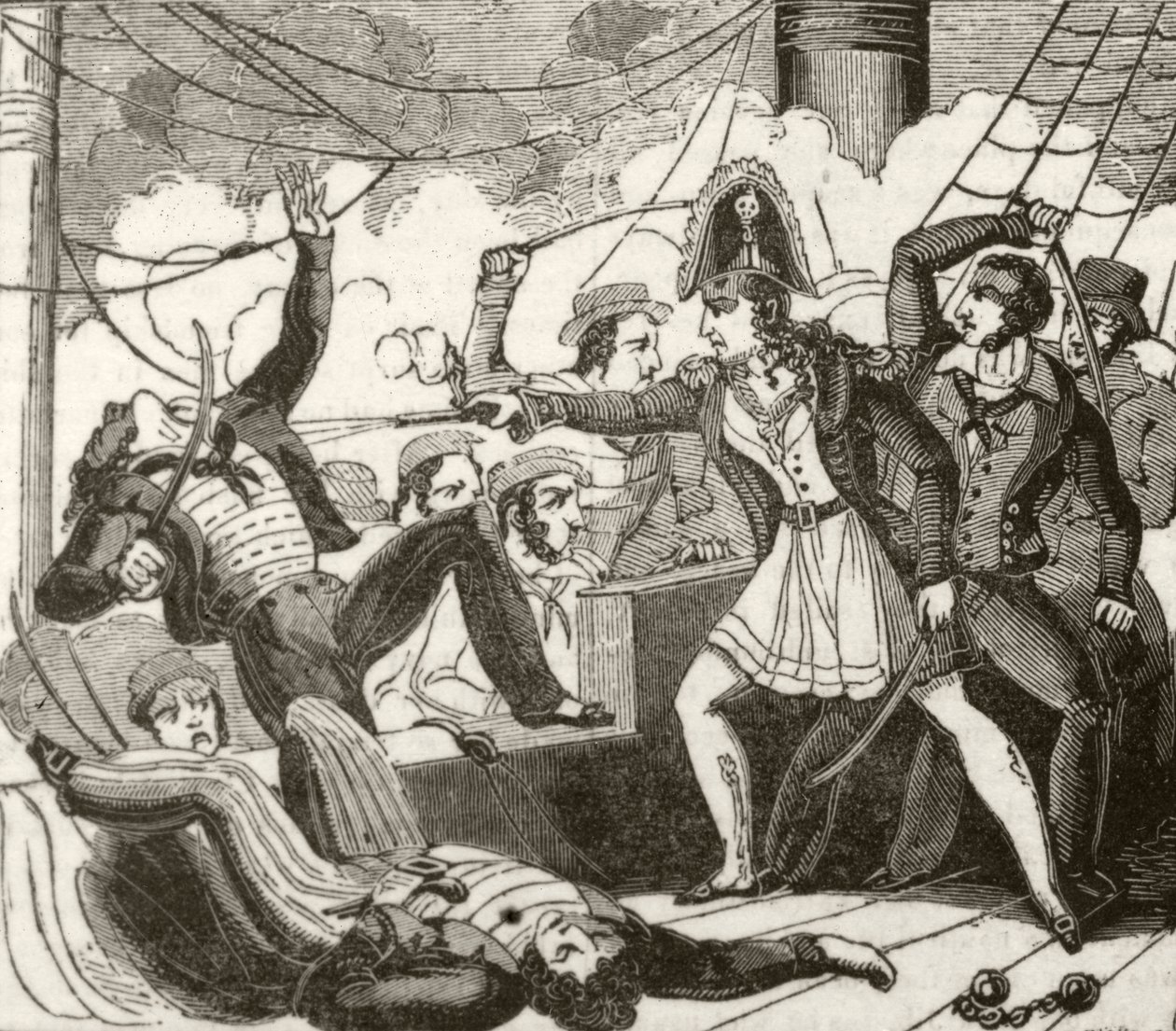 „Piratka wsiadająca na angielski statek „Lizard”, ok. 1836 r.” autorstwa Unknown artist