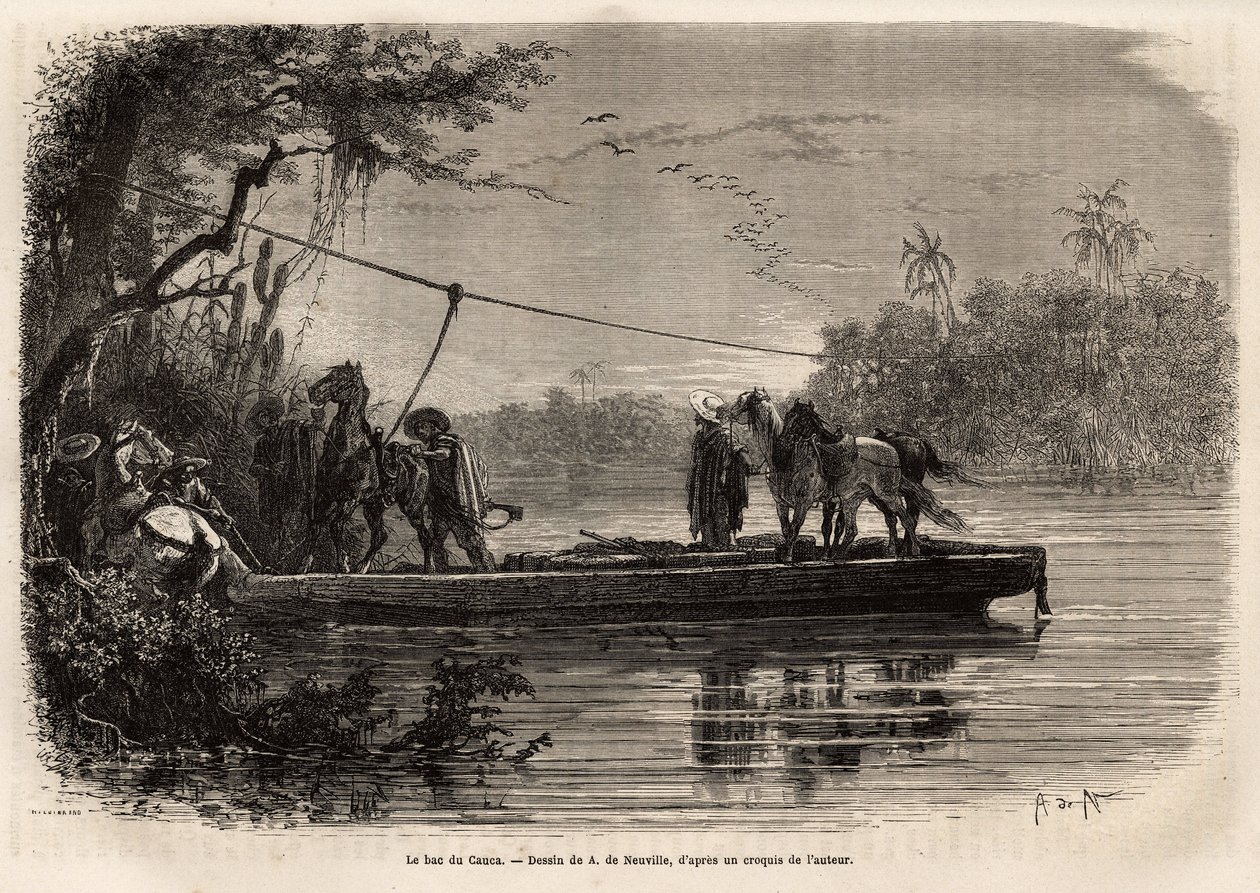 Prom do przeprawy przez rzekę Cauca. Rycina ilustrująca podróż do Nowej Granady, autorstwa dr Saffray, w 1869, opublikowana w „Le tour du monde””” 1873, pod redakcją Edouarda Chartona, wydanie Hachette, Paryż. Kolekcja Selva. autorstwa Unknown artist