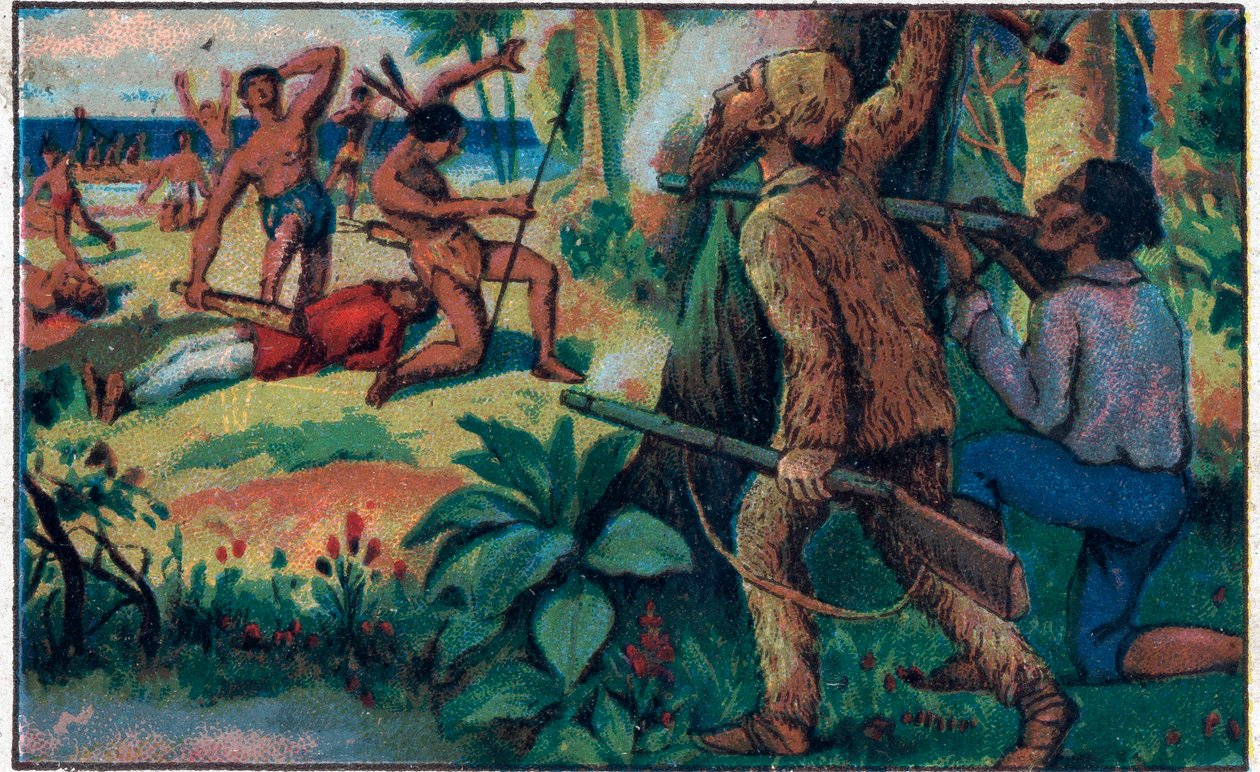 Walka z dzikusami. Ilustracja do książki Daniela Defoe (Defoe) „”Robinson Crusoe””. Chromolitografia z końca XIX wieku. autorstwa Unknown artist