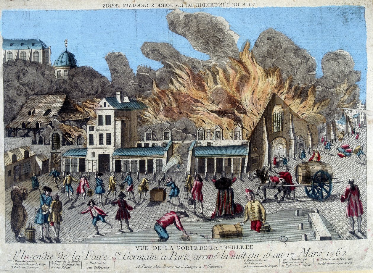 Pożar jarmarku Saint Germain w Paryżu w nocy z 16 na 17 marca 1762, widziany z drzwi Treille. Grawerowanie XVIII wieku autorstwa Unknown artist